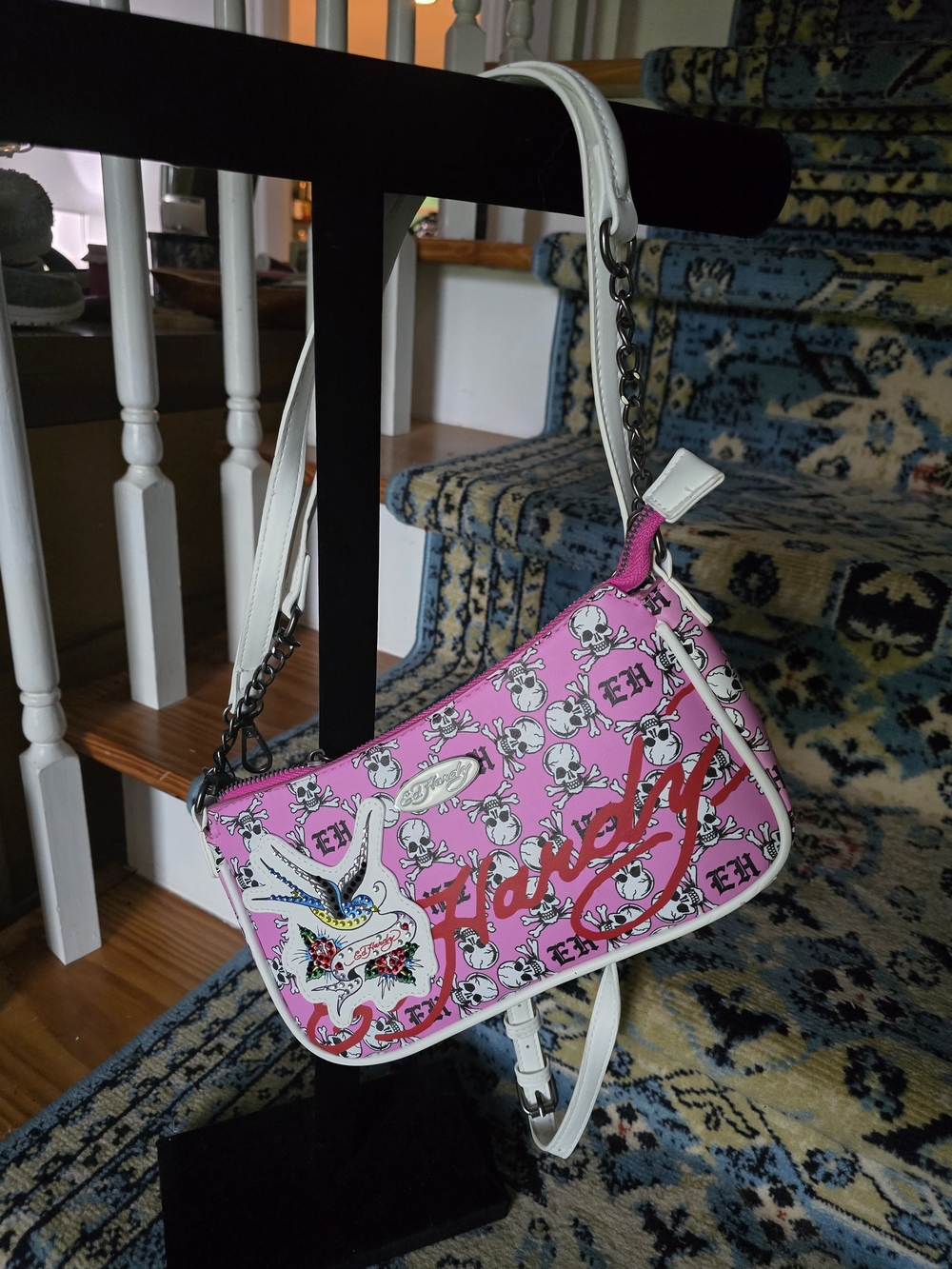 Ed Hardy Pink & White Skull-Print Shoulder Bag